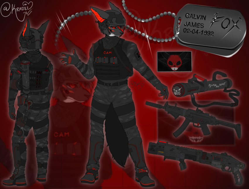 16:9 absurd_res accessory anthro avali_patch black_body black_fur black_hair black_tail c.a.m. calvin_james canid canine clothed clothing color_fur digital_media_(artwork) dog_tags door_breacher english_text f.e.w. footwear fox fur gloves gun hair handwear headgear hi_res kradee male mammal military military_uniform mog12 mp5 multicolored_body multicolored_fur ranged_weapon red_background red_body red_eyes red_fur shotgun simple_background solo spec_ops special_forces submachine_gun tail text topwear two_tone_body two_tone_fur uniform weapon widescreen