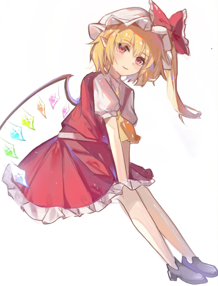 1girl ascot bat_wings blonde_hair crystal dress flandre_scarlet frilled_skirt frills full_body hat hat_ribbon highres huge_moon looking_at_viewer medium_hair mob_cap moon open_mouth pointy_ears red_dress red_eyes ribbon side_ponytail simple_background skirt smile touhou user_ptvs3537 white_background wings