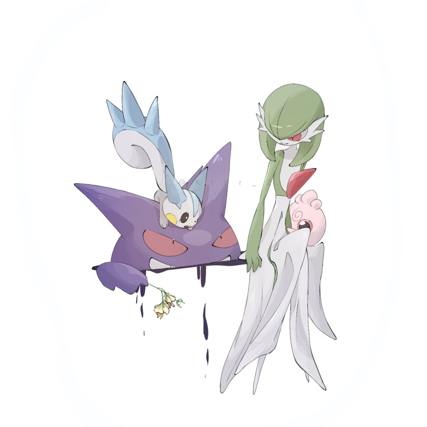 artist_name black_eyes colored_sclera colored_skin flower gardevoir gengar green_hair grin highres holding holding_flower igglybuff ktbr_2 pachirisu pink_skin pokemon pokemon_(creature) red_eyes red_sclera simple_background smile squirrel standing tail teeth twitter_username watermark white_background white_skin