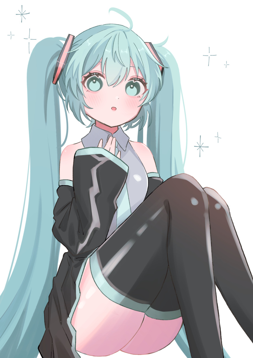 1girl :o \||/ absurdres ahoge aqua_eyes aqua_hair aqua_necktie ass bare_shoulders blush collared_shirt detached_sleeves dot_nose hair_ornament hatsune_miku highres legs_together long_hair looking_at_viewer mokoinu_(pixiv_27216243) necktie open_mouth shirt simple_background sitting skirt sleeveless sleeveless_shirt sleeves_past_wrists solo star_(symbol) thighhighs twintails very_long_hair vocaloid white_background