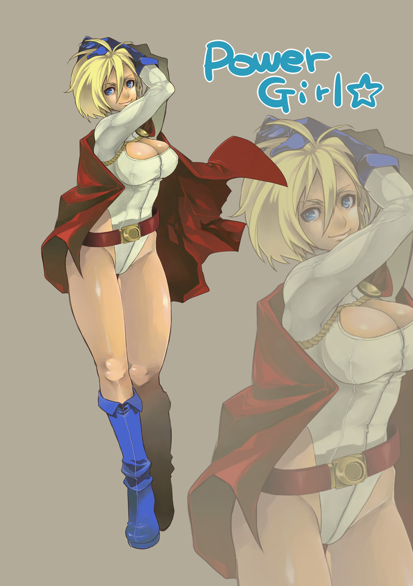 absurdres belt blonde_hair blue_eyes blue_footwear boots breasts cape chimurin0704 cleavage_cutout dc_comics highleg highleg_leotard highres knee_boots large_breasts legs leotard loose_belt power_girl short_hair solo thighs zoom_layer