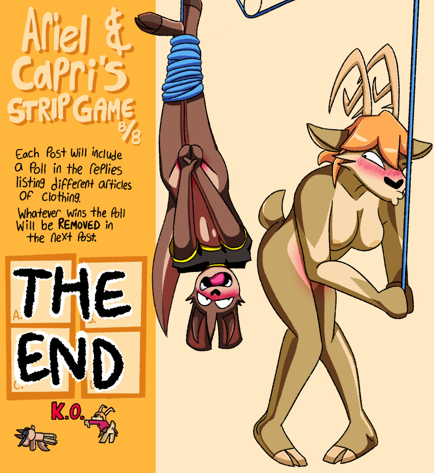 2023 absurd_res anthro antlers ariel_(deerkid) bdsm blush blush_lines bondage bottomless bottomless_anthro bottomless_male bound bovid breasts brown_body brown_fur capri_(deerkid) caprine clothed clothed/nude clothed_male_nude_female clothing covering covering_crotch crotch_blush deer deerkid digital_drawing_(artwork) digital_media_(artwork) duo embarrassed english_text eyebrows featureless_hands female floppy_ears fur goat hair head_tuft hi_res hooves horn knock-kneed legs_tied legs_together looking_at_another male male/female mammal mitten_hands multicolored_body multicolored_fur nipples nude open_mouth orange_hair pivoted_ears plantigrade puckered_lips pulley restraints rope rope_bondage scut_tail shirt short_tail simple_background standing suspension t-shirt t-shirt_only tail tan_body tan_fur text the_end topwear tuft two_tone_body two_tone_fur upside_down wide_eyed