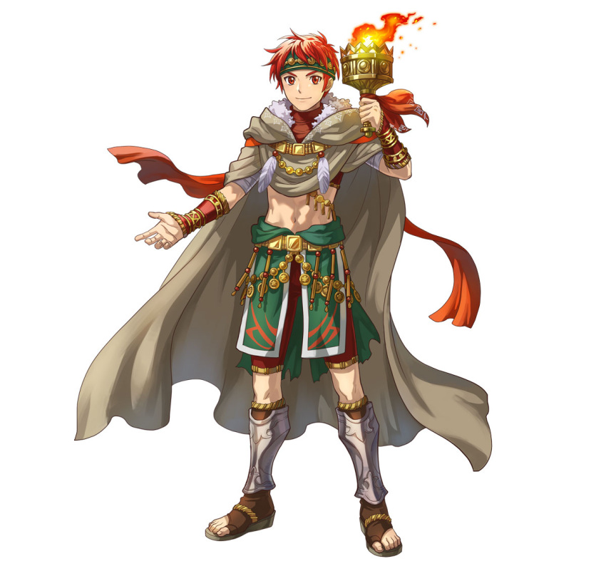 1boy cape capelet fire fire_emblem fire_emblem:_radiant_dawn full_body fur-trimmed_capelet fur_trim headband indesign looking_at_viewer midriff navel official_alternate_costume official_art red_eyes red_hair red_scarf scarf smile solo tachi-e torch tormod_(fire_emblem) tormod_(indomitable_will)_(fire_emblem)