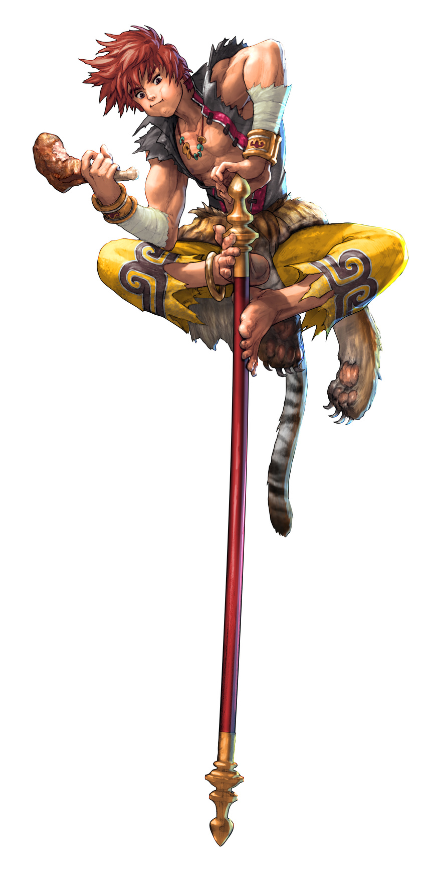 1boy absurdres balancing bandai_namco barefoot boned_meat clothes_around_waist eating food fur_coat highres jacket jacket_around_waist jewelry kawano_takuji long_image male male_focus meat muscle namco_bandai necklace official_art pole red_hair solo soul_calibur soulcalibur_v tall_image xiba