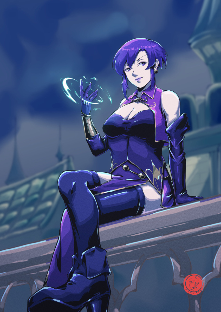 1girl bare_shoulders breasts cleavage cleavage_cutout clothing_cutout cloud cloudy_sky crossed_legs dress earrings elbow_gloves fire_emblem fire_emblem:_the_blazing_blade gloves gold_trim highres jewelry kenjik76 looking_at_viewer magic medium_breasts night night_sky on_railing outdoors purple_eyes purple_gloves purple_hair purple_lips railing short_hair side_slit sitting sky solo thighhighs thighs ursula_(fire_emblem) vambraces