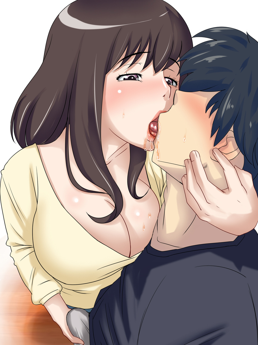 1boy 1girl absurdres black_hair blush breasts brown_eyes brown_hair cleavage erection erection_under_clothes faceless hamasei handjob handjob_over_clothes highres kamomes kiss large_breasts long_hair milf penis saliva short_hair standing tetsukui