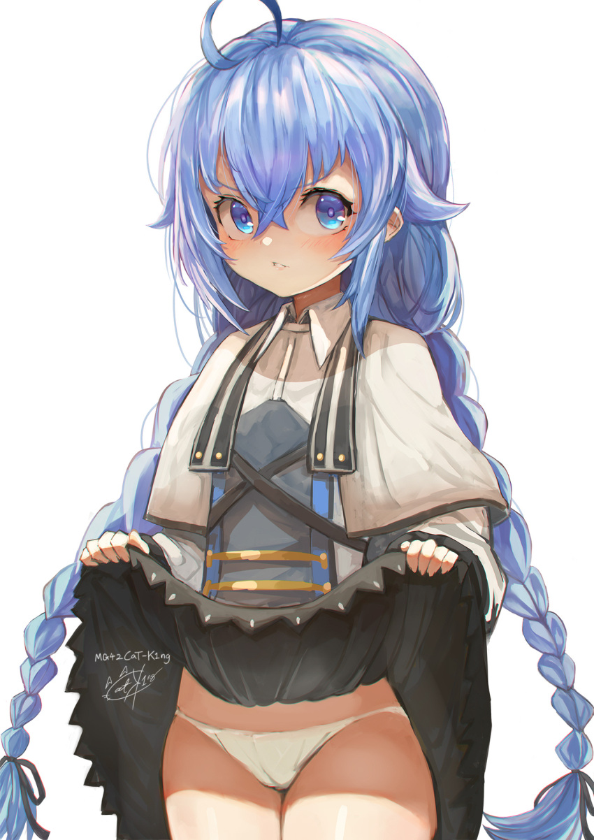 1girl ahoge angry black_ribbon black_skirt blue_eyes blue_hair blush braid capelet clothes_lift collar feet_out_of_frame flat_chest grey_shirt hair_ribbon highres lifted_by_self lips long_hair looking_at_viewer mg42cat-k1ng mushoku_tensei panties pantyshot ribbon roxy_migurdia shirt signature simple_background skirt skirt_lift solo twin_braids underwear very_long_hair white_background white_capelet white_collar white_panties