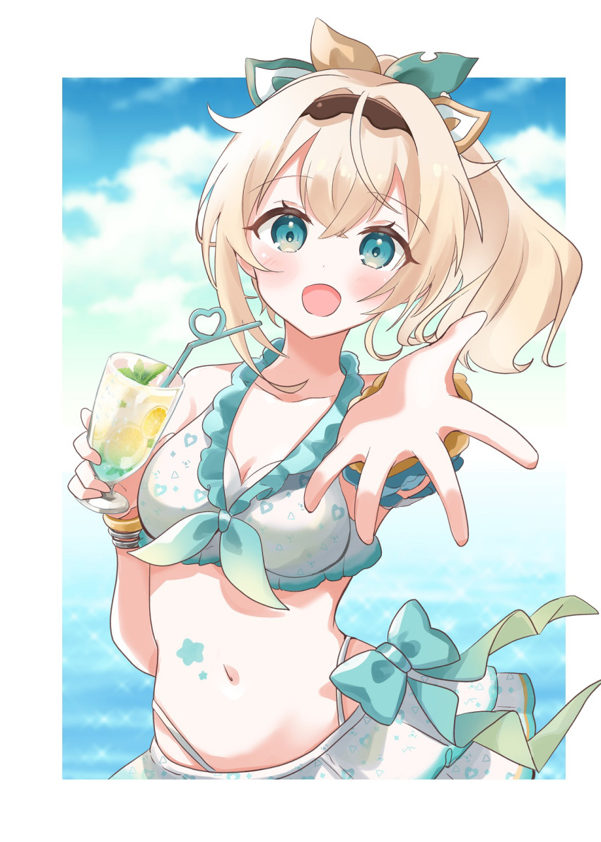 1girl ahoge aqua_eyes beckoning bikini bikini_skirt black_hairband blonde_hair blush bow breasts commentary contrapposto cup double-parted_bangs frilled_bikini frilled_skirt frills front-tie_bikini_top front-tie_top hair_bow hairband highres holding holding_cup hololive hololive_summer_2022_swimsuit kazama_iroha looking_at_viewer medium_breasts medium_hair miniskirt multicolored_bow nanaka_nagomi navel official_alternate_costume open_mouth ponytail print_bikini reaching reaching_towards_viewer skirt smile solo sticker_on_stomach swimsuit tropical_drink virtual_youtuber waist_bow white_bikini white_skirt