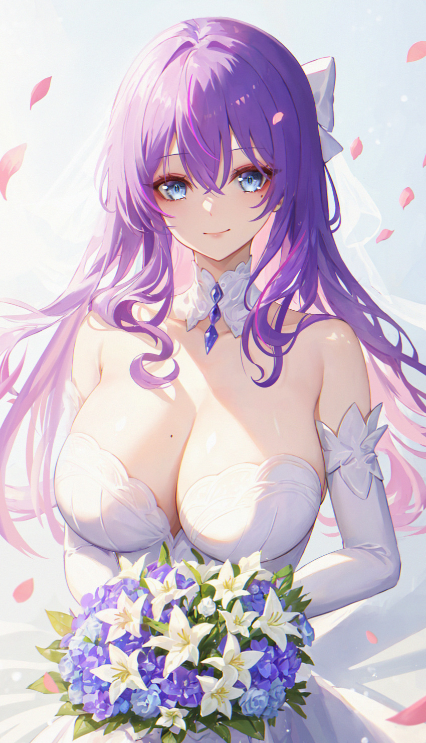 1girl absurdres bare_shoulders blue_background blue_eyes blue_flower bouquet bow breasts bridal_veil bride cleavage closed_mouth commentary_request dress elbow_gloves eoe falling_petals floralmi flower gloves hair_bow highres holding holding_bouquet large_breasts long_hair looking_at_viewer mole mole_under_eye petals pink_lips purple_hair skindentation smile solo strapless strapless_dress upper_body veil virtual_youtuber wedding_dress white_bow white_dress white_flower white_gloves white_veil yumo_(eoe)