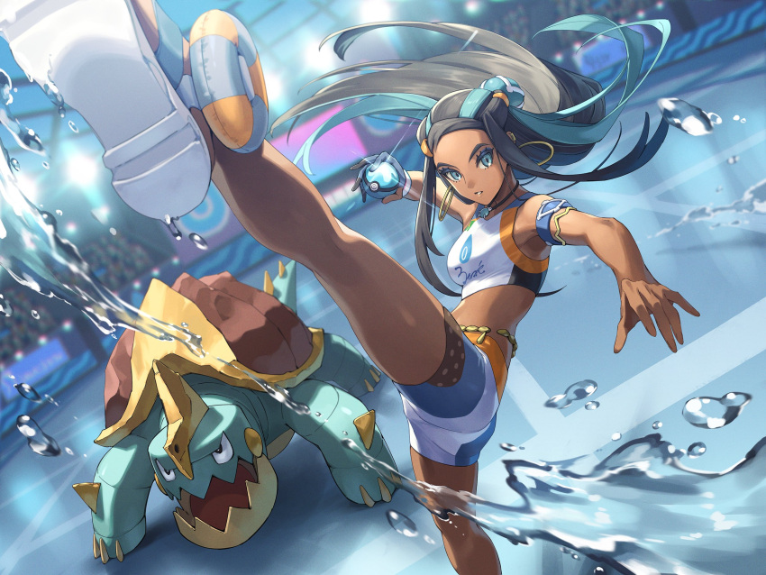 1girl armlet belly_chain bike_shorts black_hair blurry breasts commentary_request dark-skinned_female dark_skin depth_of_field dive_ball drednaw earclip earrings eyelashes floating_hair gloves hair_bun highres holding holding_poke_ball hoop_earrings jewelry leg_up long_hair multicolored_hair nessa_(pokemon) parted_lips partially_fingerless_gloves poke_ball pokemon pokemon_(creature) pokemon_swsh sandals shoe_soles single_glove sports_bra stadium two-tone_hair water water_drop white_footwear zinnkousai3850