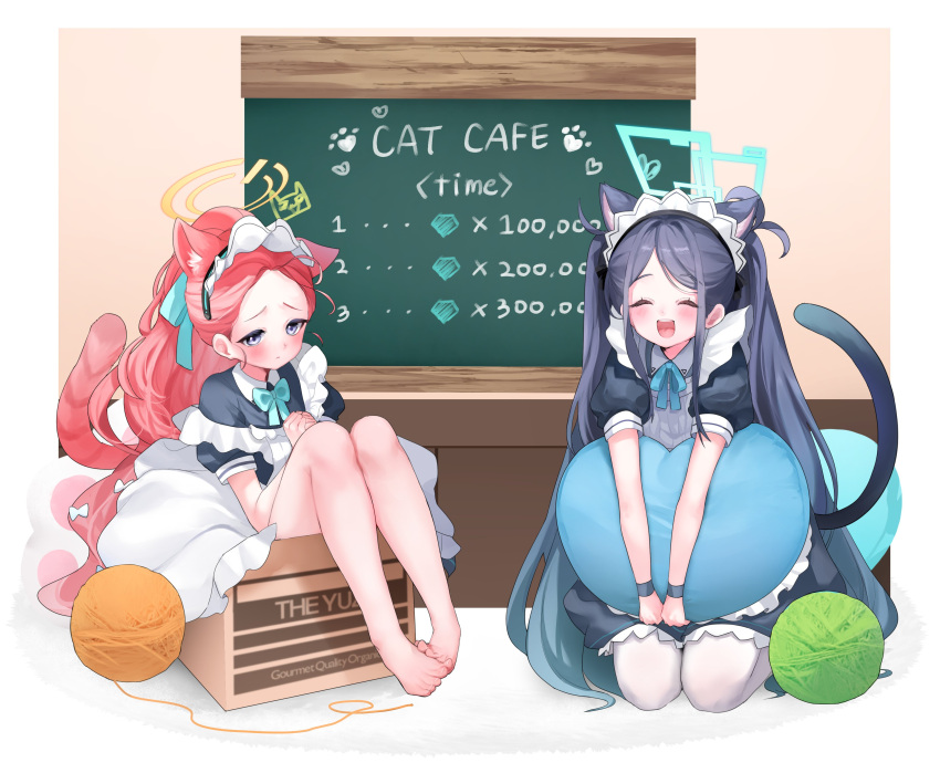 2girls absurdly_long_hair absurdres animal_ears apron aris_(blue_archive) aris_(maid)_(blue_archive) barefoot black_dress black_hair blue_archive blush border cat_ears cat_tail chalkboard closed_eyes closed_mouth dress english_text frilled_apron frilled_dress frills green_halo halo highres long_hair maid_apron menu_board multiple_girls open_mouth pantyhose piyon_(pyon_piiii) puffy_short_sleeves puffy_sleeves purple_eyes red_hair short_sleeves smile tail toes twintails very_long_hair white_apron white_border white_pantyhose yarn yarn_ball yellow_halo yuzu_(blue_archive) yuzu_(maid)_(blue_archive)