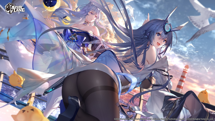 2girls against_railing animal_ears ass azur_lane bird black_pantyhose blue_eyes blue_hair bodysuit bodysuit_under_clothes breasts cleavage cloud coat company_name copyright_name dress grey_eyes hair_flowing_over headgear high_heels highres japanese_clothes kimono kitsune leg_up lighthouse logo long_hair looking_at_viewer looking_back looking_to_the_side manjuu_(azur_lane) multiple_girls new_jersey_(azur_lane) ocean official_art open_mouth outdoors outstretched_hand pantyhose pointing railing shinano_(azur_lane) ship short_dress sky sunrise swd3e2 tail watercraft white_hair wind