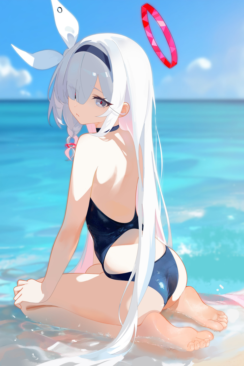 1girl absurdres alternate_costume back backless_swimsuit bare_shoulders barefoot beach black_hairband blue_archive braid from_behind fs_(sdamsd21321) hair_over_one_eye hairband halo hand_on_own_knee highres long_hair looking_at_viewer looking_back ocean plana_(blue_archive) red_halo red_pupils seiza single_braid sitting soles swimsuit white_hair