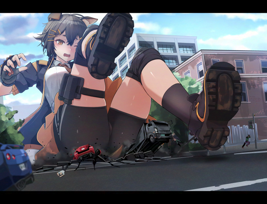 1girl absurdres animal_ears arknights bike_shorts bike_shorts_under_skirt black_hair black_jacket brown_eyes brown_necktie city commission destruction dog_ears dog_girl dog_tail giant giantess grey_skirt highres jacket jackie_(arknights) knee_pads motor_vehicle necktie one_eye_closed open_clothes open_jacket open_mouth shirt shoes short_hair shorts shorts_under_skirt sigure-zzzz skeb_commission skirt tail truck white_shirt