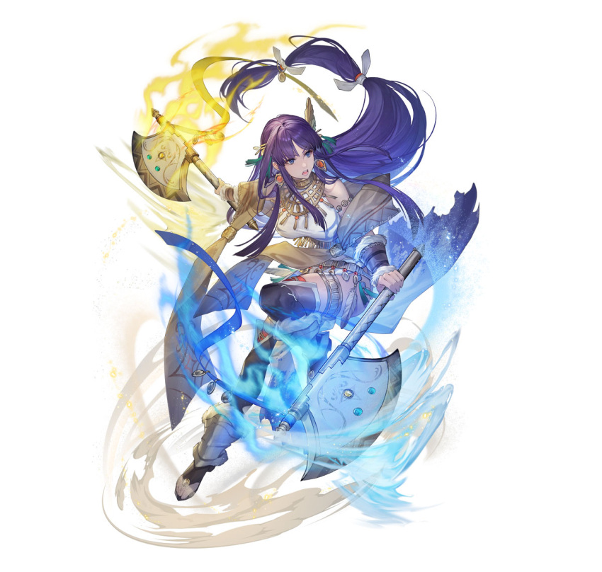 1girl akka altina_(fire_emblem) altina_(unrivaled_dawn)_(fire_emblem) attack axe bare_shoulders breasts clothing_cutout dual_wielding earrings fire_emblem fire_emblem:_radiant_dawn full_body glowing glowing_weapon hair_tie holding holding_axe jewelry large_breasts long_hair official_alternate_costume official_art pelvic_curtain purple_eyes purple_hair smile solo very_long_hair weapon