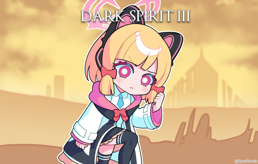 1girl :&lt; animal_ear_headphones animal_ears black_skirt black_thighhighs blonde_hair blue_archive blue_necktie blunt_bangs blurry bow brand_name_imitation cat_ear_headphones cat_tail chibi clenched_hand coat collared_shirt commentary dark_souls_(series) dark_souls_iii depth_of_field english_commentary fake_animal_ears fake_tail hair_bow hair_ribbon halo headphones highres kneeling long_sleeves looking_at_viewer momoi_(blue_archive) necktie open_clothes open_coat outdoors parody parted_bangs pleated_skirt pose_imitation red_eyes ribbon rynzfrancis school_uniform shirt short_hair sidelocks skirt solo tail thighhighs tress_ribbon v-shaped_eyebrows white_coat white_shirt zettai_ryouiki