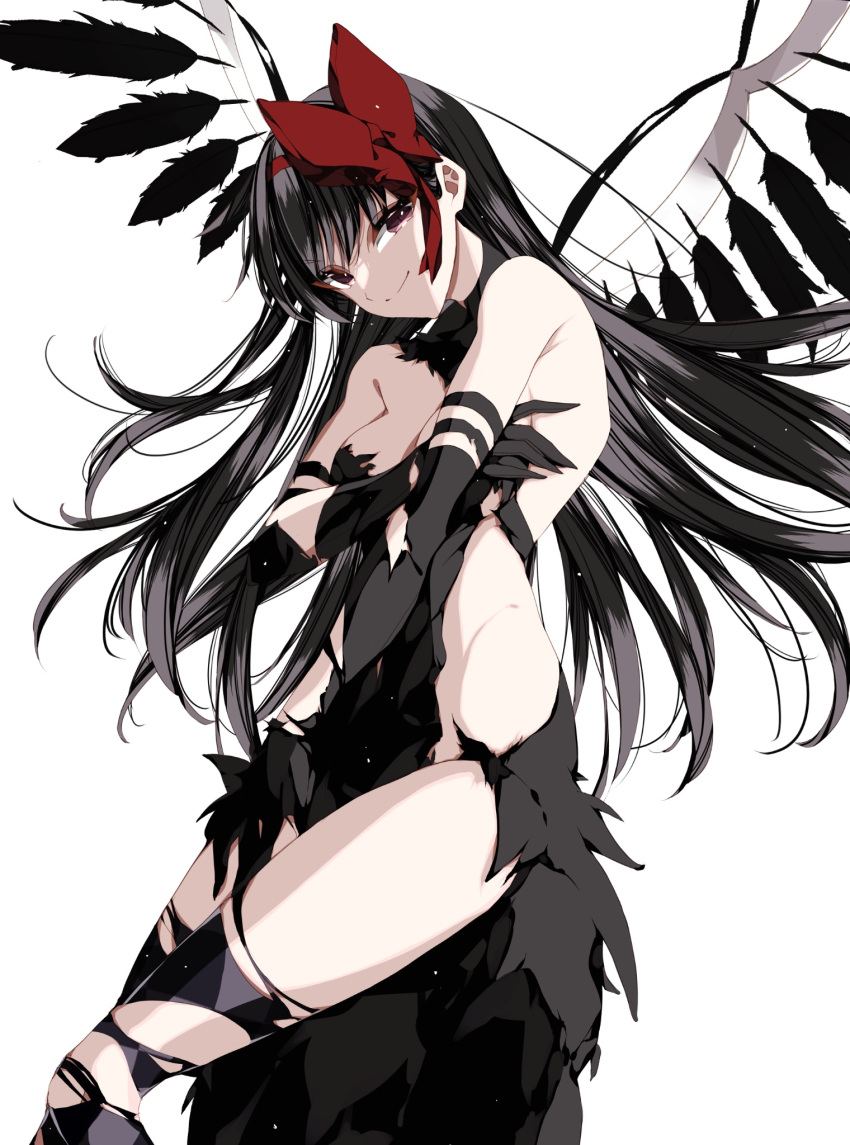 1girl akemi_homura akuma_homura backless_outfit black_hair black_thighhighs black_wings highres long_hair looking_at_viewer mahou_shoujo_madoka_magica mahou_shoujo_madoka_magica:_hangyaku_no_monogatari misteor red_eyes red_ribbon ribbon smile solo tagme thighhighs thighs white_background wings