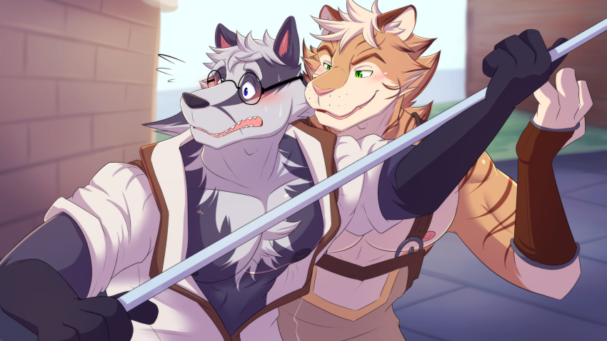 anthro badger blush clyde_(temptations_ballad) duo eyewear fantasy felid flirting glasses hi_res male male/male mammal mustelid musteline pantherine shirokoi sidd_(temptations_ballad) temptations_ballad_(visual_novel) tiger visual_novel weapon whispering_in_ear