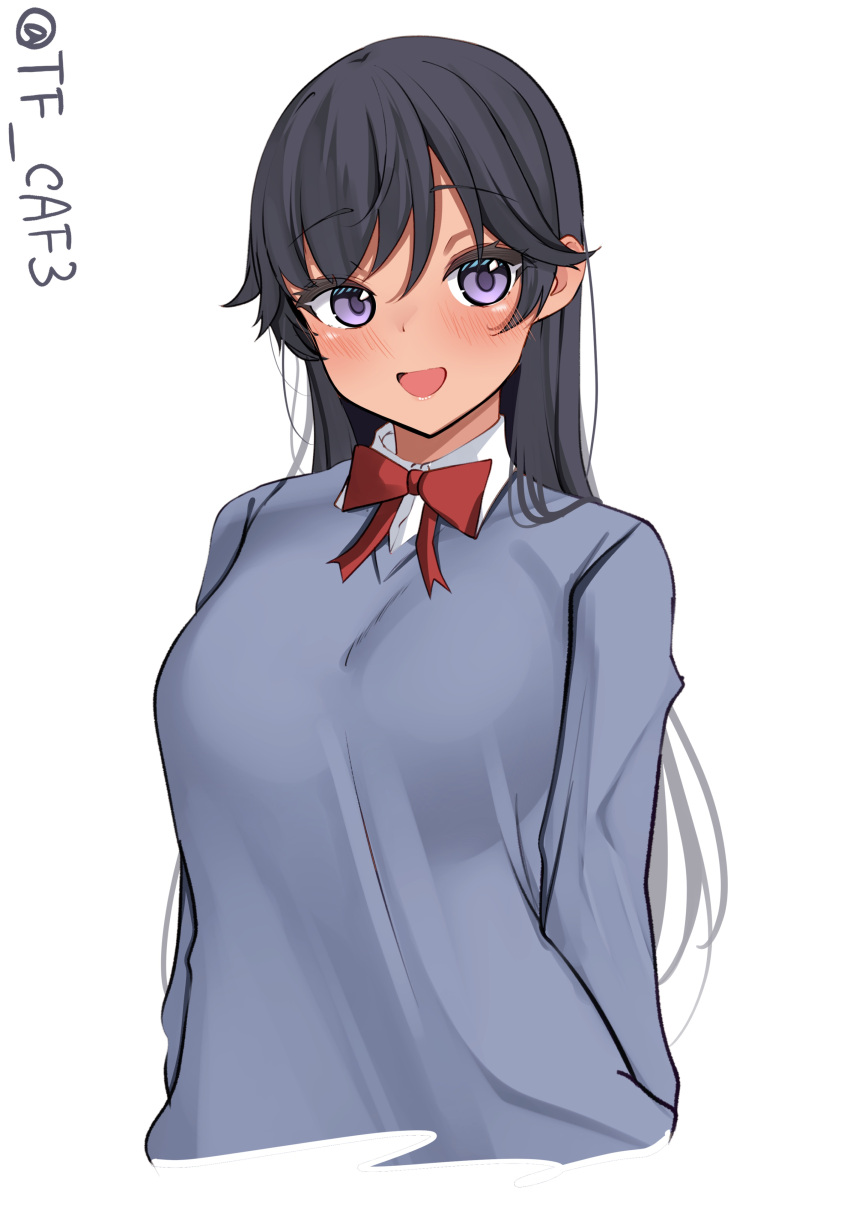 absurdres alternate_costume black_hair bow bowtie braid collared_shirt dress_shirt grey_sweater highres i-400_(kancolle) kantai_collection long_hair one-hour_drawing_challenge purple_eyes red_bow red_bowtie school_uniform shirt single_braid smile sweater tan tf_cafe twitter_username upper_body white_background white_shirt