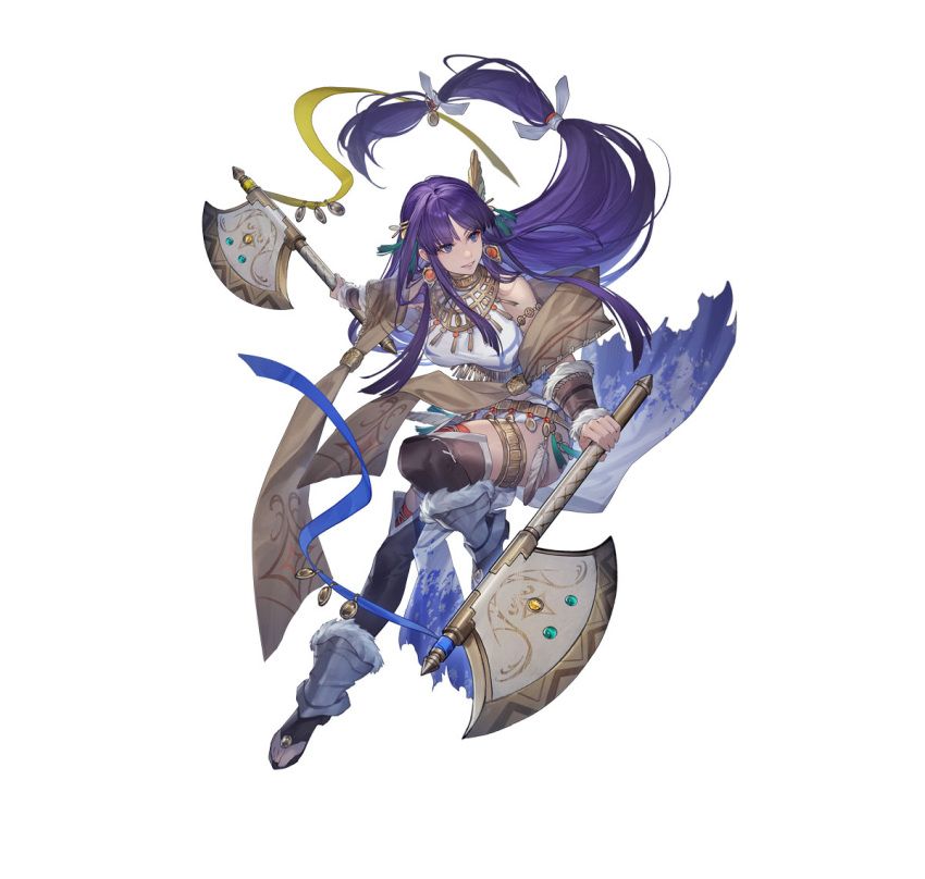 1girl akka altina_(fire_emblem) altina_(unrivaled_dawn)_(fire_emblem) attack axe bare_shoulders breasts clothing_cutout dual_wielding earrings fire_emblem fire_emblem:_radiant_dawn full_body hair_tie holding holding_axe jewelry large_breasts long_hair official_alternate_costume official_art pelvic_curtain purple_eyes purple_hair smile solo very_long_hair