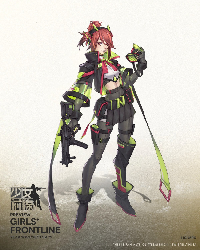 1girl asymmetrical_legwear black_skirt character_name copyright_name english_commentary fingerless_gloves full_body girls'_frontline gloves gun headphones highres holding holding_gun holding_mask holding_weapon holster lokii mask midriff original parted_lips pleated_skirt red_eyes red_hair sig_mpx sig_sauer skirt solo submachine_gun thigh_holster weapon