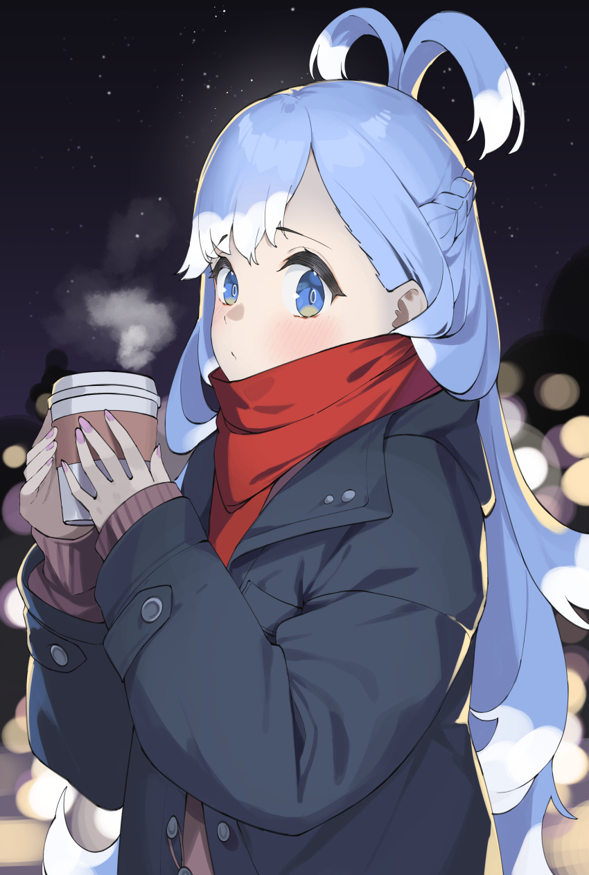 1girl absurdres black_coat blue_eyes blue_hair blush byeon_dha coat coffee_cup cup disposable_cup highres hololive hololive_indonesia kobo_kanaeru light_blue_hair looking_at_viewer multicolored_eyes multicolored_hair night night_sky pink_nails red_scarf red_sweater scarf sky star_(sky) starry_sky steam sweater tareme