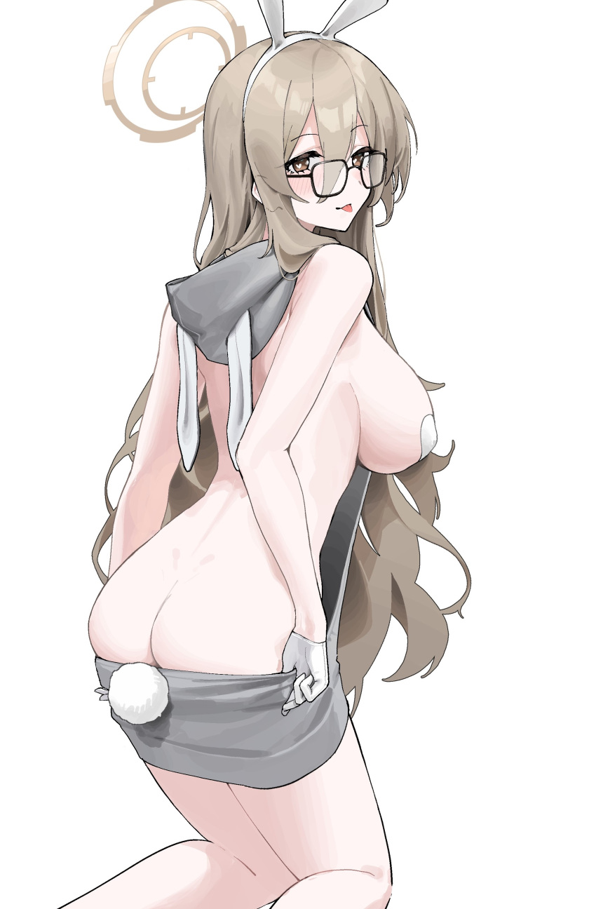 1girl absurdres akane_(blue_archive) animal_ears ass backless_outfit blue_archive breasts brown_eyes covered_nipples glasses gloves hair_between_eyes halo heart heart-shaped_pupils highres kneeling large_breasts light_brown_hair long_hair looking_at_viewer looking_back mark_jin ohisashiburi_(style) rabbit_ears rabbit_tail symbol-shaped_pupils tail tongue tongue_out white_background white_gloves