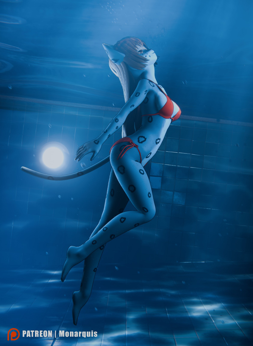 3d_(artwork) anthro bikini breasts bubble clothing digital_media_(artwork) felid female hi_res mammal medium_breasts momo_(monarquis momo_(monarquis) monarquis pantherine pinup pose pubes red_bikini red_clothing red_swimwear snorkel snow_leopard solo swimming_pool swimwear underwater water