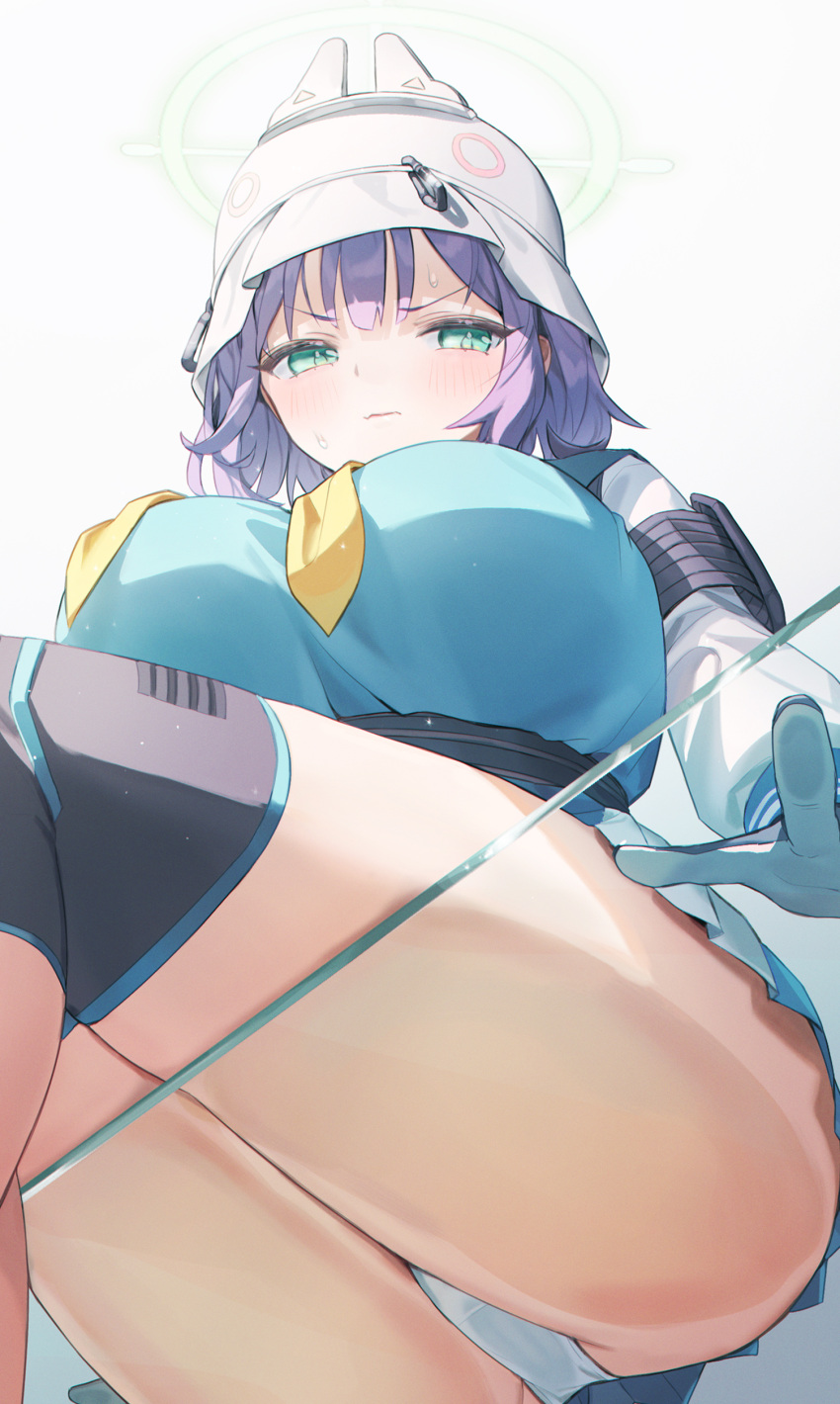 1girl absurdres against_glass armband ass ass_on_glass black_thighhighs blue_archive blue_hair blue_shirt blue_skirt blush breasts closed_mouth commentary_request cropped_legs didi_(didi_h3) from_below green_eyes halo hard_hat helmet highres large_breasts long_sleeves looking_at_viewer looking_down neckerchief panties pleated_skirt saki_(blue_archive) shirt short_hair simple_background skirt solo thick_thighs thighhighs thighs underwear v-shaped_eyebrows wavy_mouth white_background white_headwear white_panties yellow_halo yellow_neckerchief