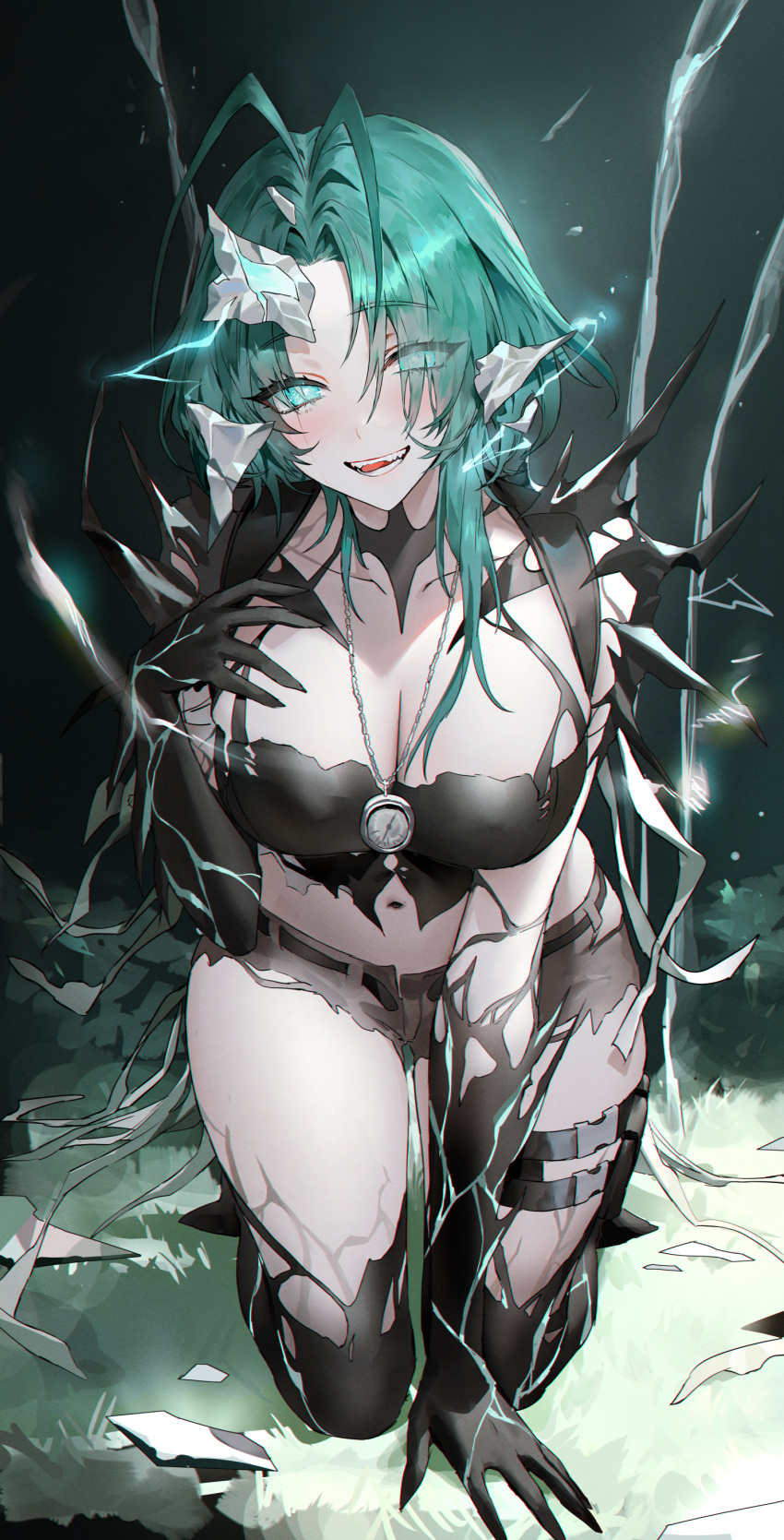 1girl absurdres antenna_hair black_gloves breasts brown_shorts cleavage clock eyes_visible_through_hair gloves green_eyes green_hair hair_over_one_eye highres kneeling large_breasts looking_at_viewer mantis_(path_to_nowhere) medium_hair muaooooo navel path_to_nowhere shorts smile solo teeth torn_clothes torn_shorts