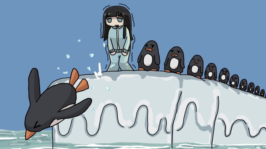 &gt;_&lt; 1girl bird black_hair blue_background blue_eyes blue_jacket blue_pants blunt_bangs cold fuchina_(fucinami) funo-chan_(fuchina) highres jacket jumping long_hair original outdoors pants penguin queue sky snow snowscape solid_eyes solo standing too_many too_many_birds track_suit trembling water