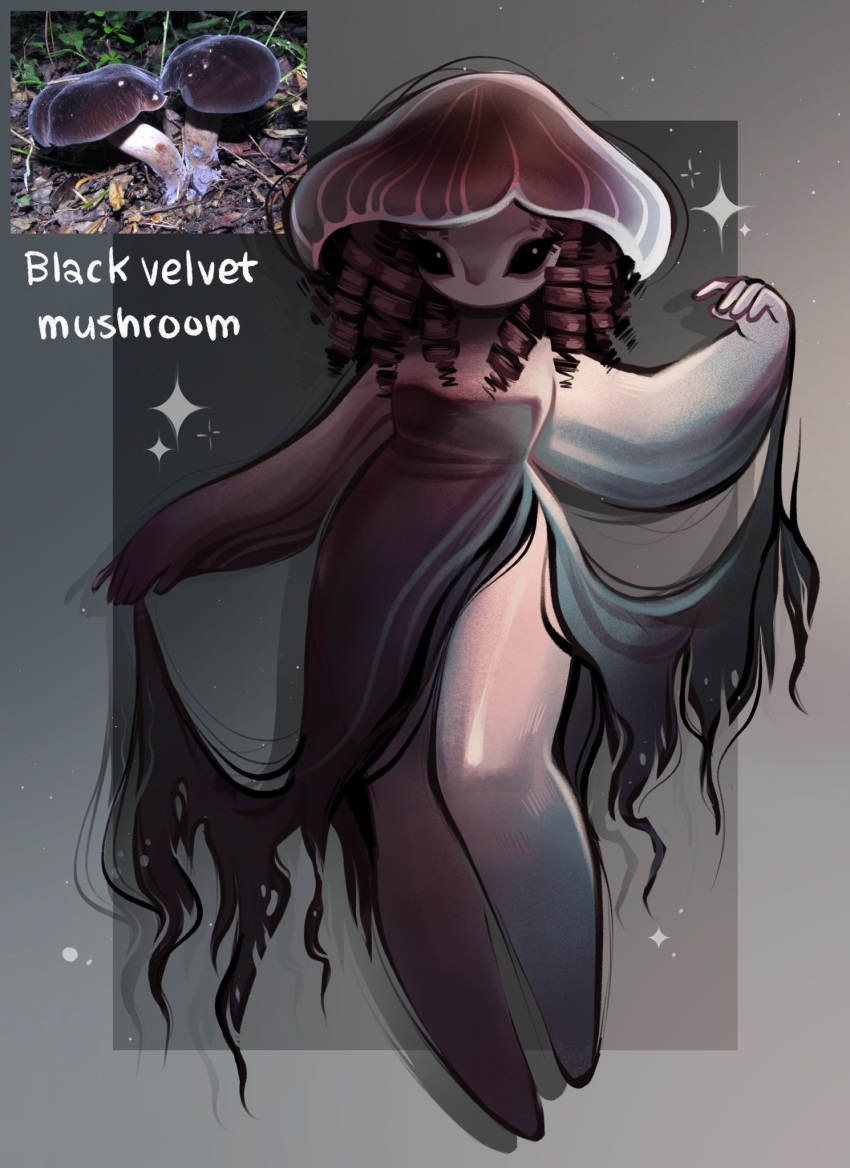 1girl commentary educational english_commentary feefal gradient_hat gradient_skin highres monster_girl mushroom mushroom_girl mushroom_hat no_humans original personification photo_inset reference_inset scientific_name solo