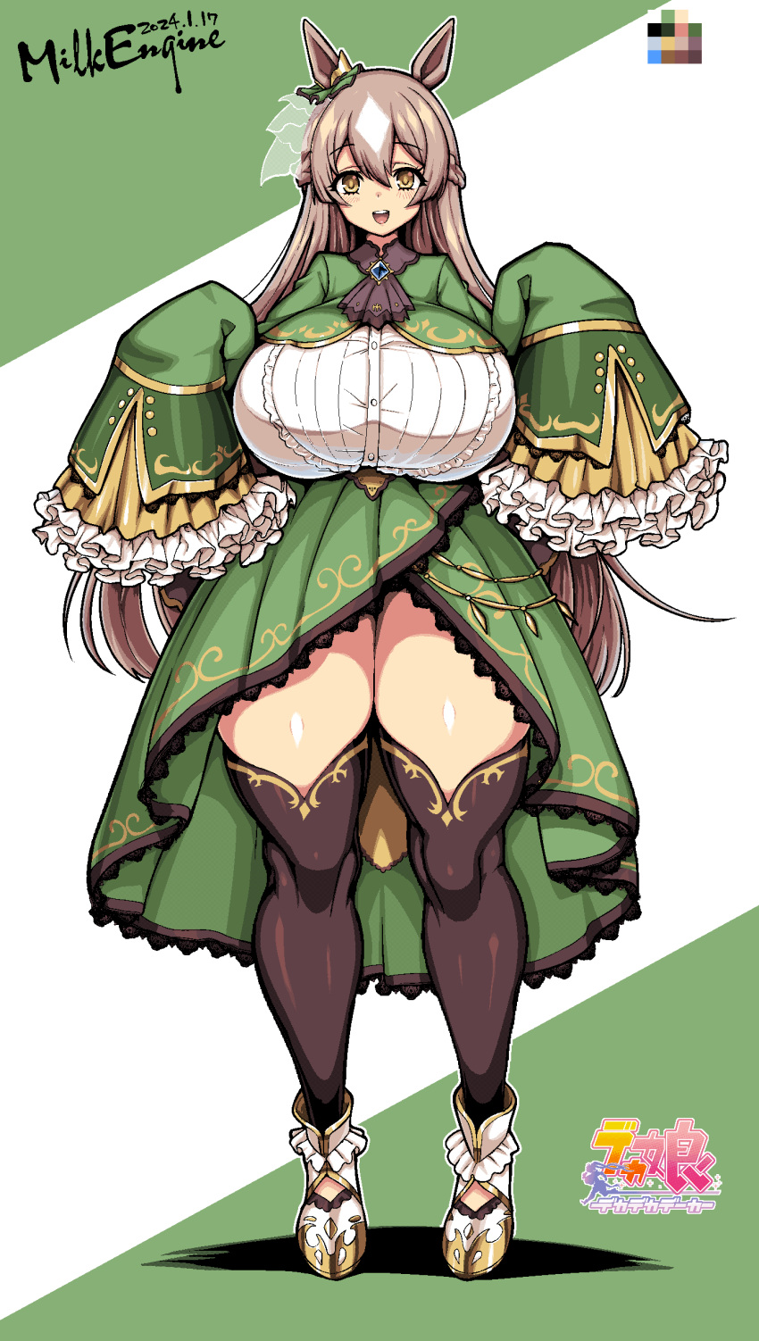 1girl absurdres animal_ears artist_name breasts brooch brown_eyes brown_thighhighs color_guide dated dress frilled_sleeves frills full_body green_dress highres horse_ears horse_girl huge_breasts jewelry kyosuke_fujiwara light_brown_hair long_hair satono_diamond_(umamusume) simple_background sleeves_past_fingers sleeves_past_wrists solo standing tachi-e thick_thighs thighhighs thighs umamusume very_long_hair zettai_ryouiki