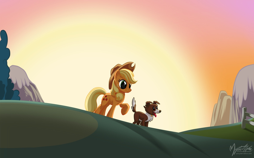 black_eyes blonde_hair brown_fur canine cowboy_hat cutie_mark dog duo equine female fence feral friendship_is_magic fur grass green_eyes hair hat horse mammal my_little_pony mysticalpha orange_fur outside pony sky sun winona_(mlp)