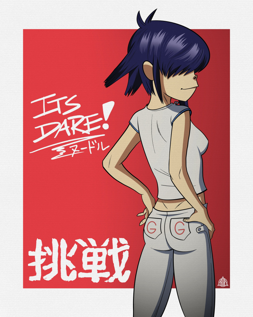 1girl absurdres ass breasts commentary_request dimples_of_venus from_behind gorillaz hair_over_one_eye hands_on_own_hips harrisartz highres noodle_(gorillaz) profile short_hair small_breasts solo translation_request watermark