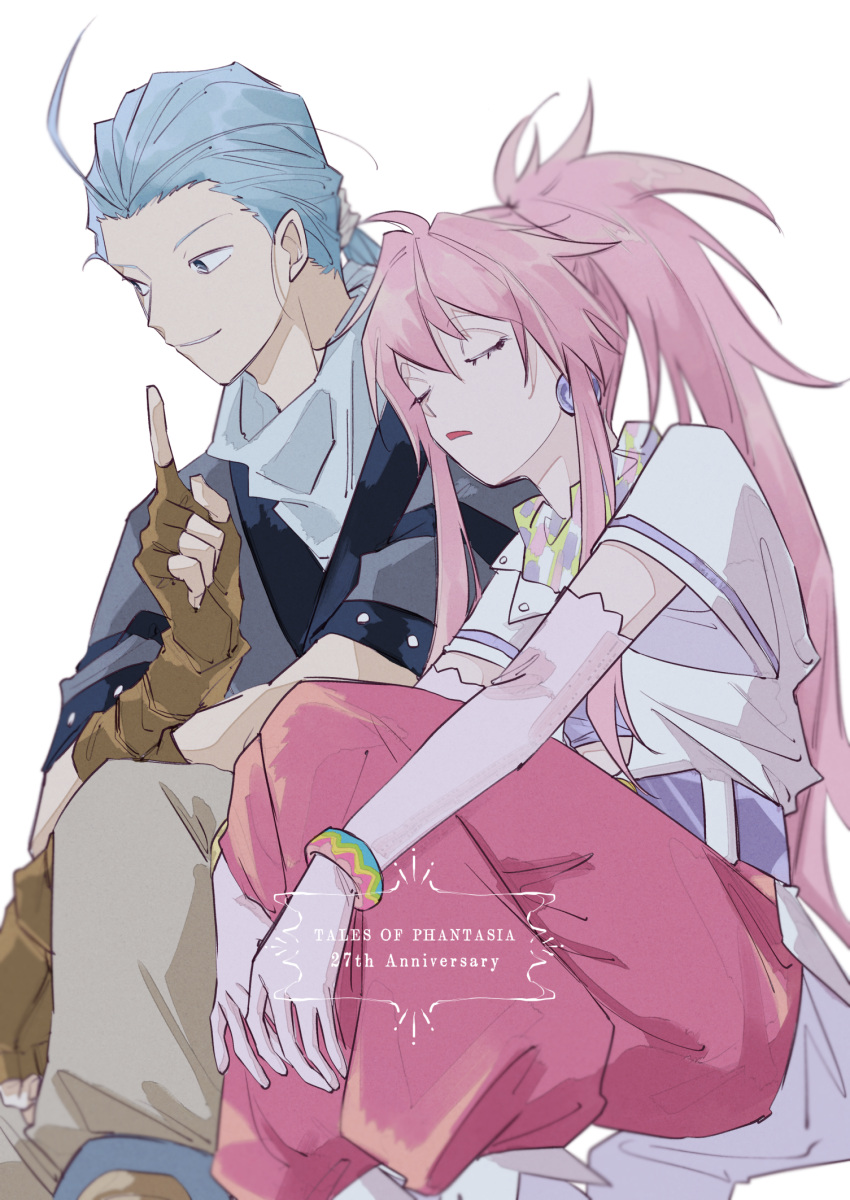 1boy 1girl anniversary arche_klein belt blue_eyes blue_hair bracelet chester_burklight earrings elbow_gloves fingerless_gloves gloves highres jewelry long_hair looking_down pants parted_lips pink_eyes pink_hair pink_pants ponytail simple_background sitting sleeping smile tales_of_(series) tales_of_phantasia white_background wide_ponytail youme_xz