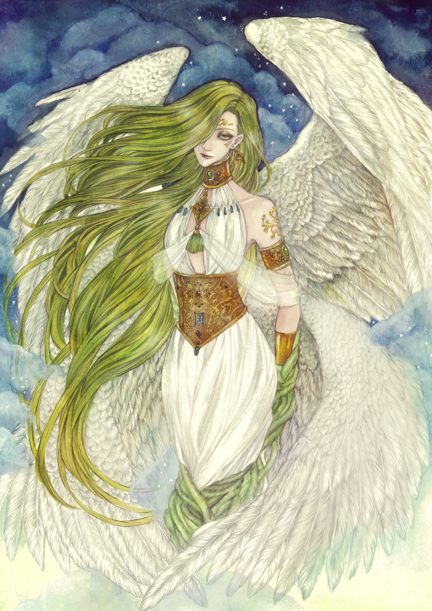 1girl angel armlet commentary_request earrings facepaint gold_trim green_hair hair_between_eyes highres jewelry long_hair looking_at_viewer neck_ring tagme urkme95 very_long_hair white_veil wings