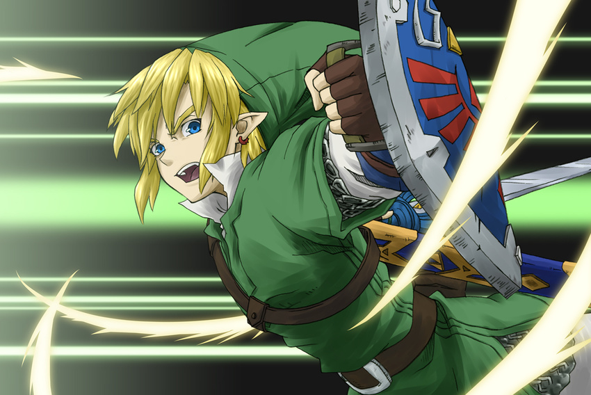 blonde_hair blue_eyes chainmail earrings gloves hat jewelry link male_focus parody pointy_ears sanatsume shield solo sword tales_of_(series) the_legend_of_zelda the_legend_of_zelda:_skyward_sword weapon