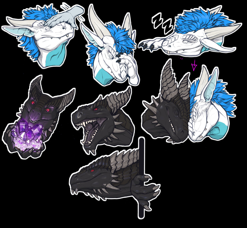 ambiguous_form ambiguous_gender blue_body blue_hair cheek_spikes crystal dragon duo eyes_closed facial_spikes fangs grey_body grey_horn grey_scales hair head_pat hi_res horn khyaber mouth_closed open_mouth red_eyes ridged_horn scales scalie sleeping solo spikes spikes_(anatomy) teeth white_body white_horn white_scales