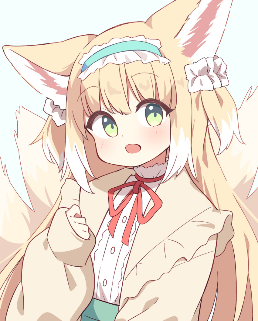 1girl animal_ears aqua_hairband arknights blonde_hair blush brown_cardigan cardigan colored_tips commentary dot_nose fox_ears fox_girl fox_tail frilled_hairband frills green_eyes hairband highres kitsune kyuubi long_hair long_sleeves looking_at_viewer multicolored_hair multiple_tails neck_ribbon official_alternate_costume open_mouth puffy_long_sleeves puffy_sleeves red_ribbon ribbon ryoku_sui shirt simple_background sleeves_past_wrists solo suzuran_(arknights) suzuran_(spring_praise)_(arknights) tail two_side_up upper_body white_background white_hair white_shirt