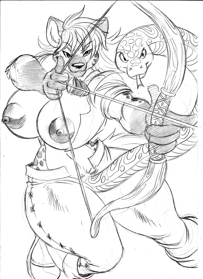 2024 angry anthro archer arrow_(weapon) big_breasts black_and_white boots bottomwear bow_(weapon) breasts chochi clothed clothing footwear genitals gloves_(marking) graphite_(artwork) gynomorph hi_res huge_breasts hyena intersex jacket living_penis mammal markings midriff monochrome nipples open_clothing open_jacket open_topwear pants pencil_(artwork) penis pubes ranged_weapon reptile scalie sketch snake snake_penis solo thick_thighs topwear traditional_media_(artwork) unusual_anatomy unusual_genitalia unusual_penis weapon wide_hips