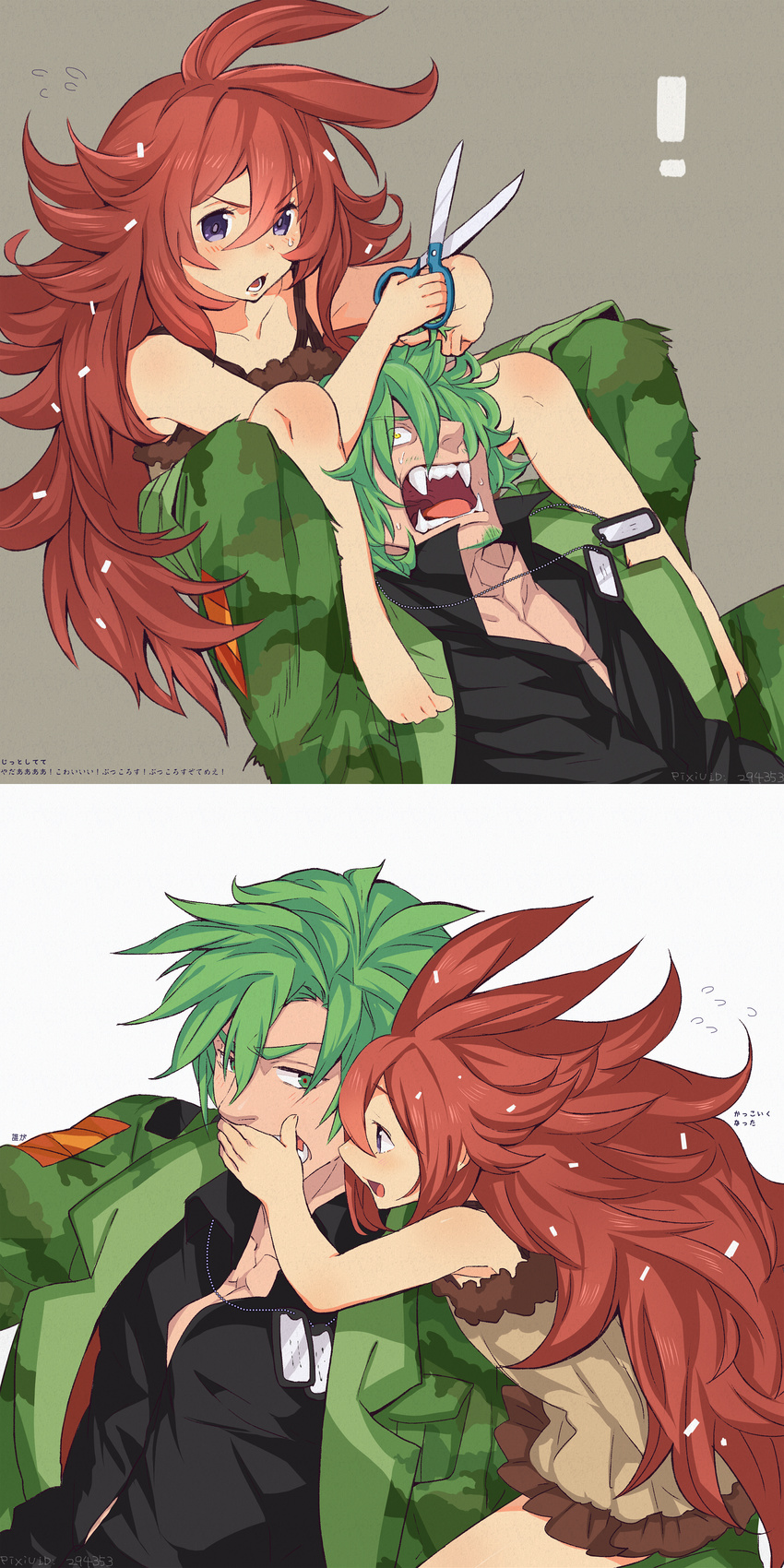 1girl absurdres camouflage dandruff dog_tags flaky flippy green_eyes green_hair happy_tree_friends height_difference highres kab00m_chuck long_hair military military_uniform personification red_eyes red_hair scissors short_hair uniform