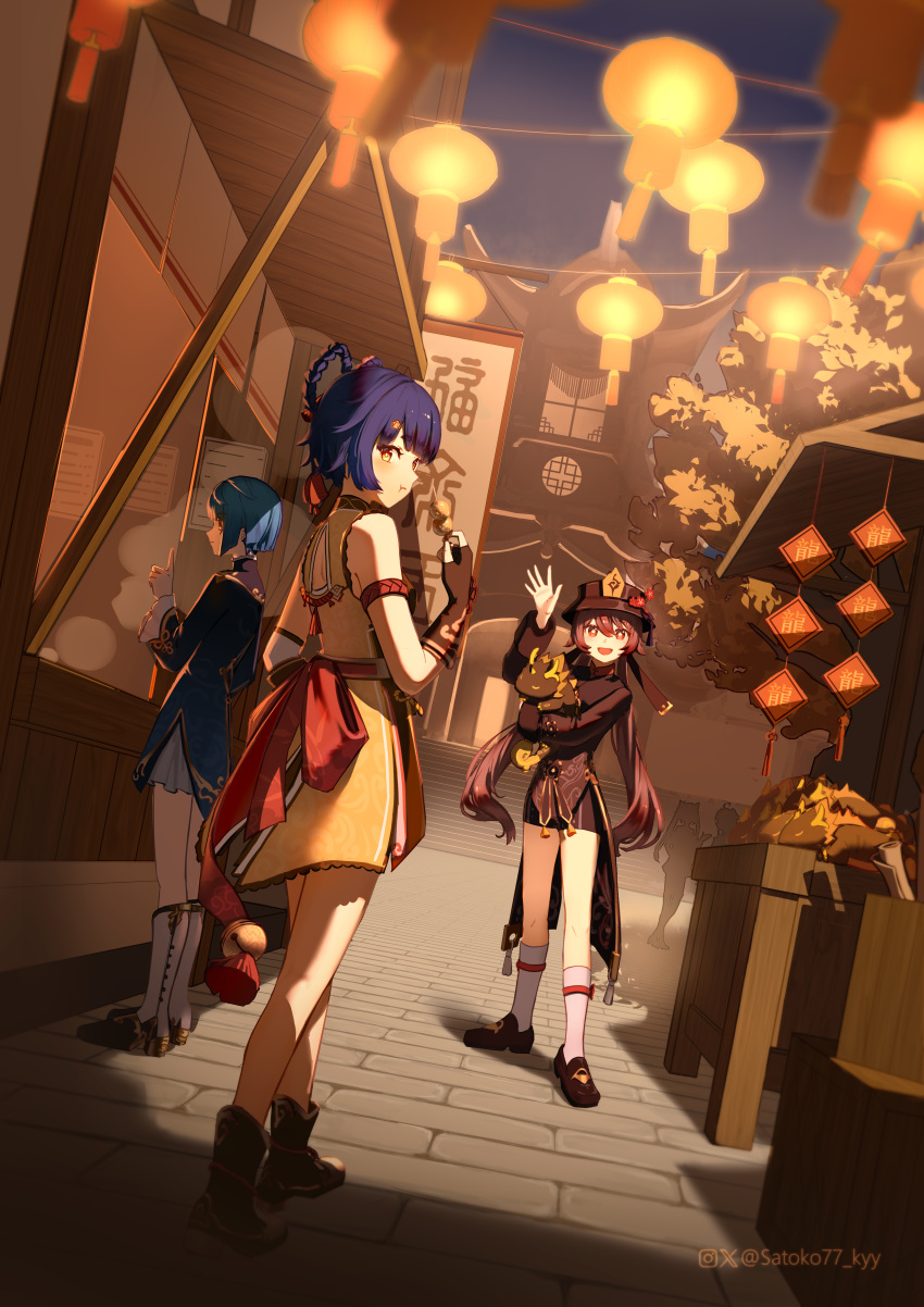 3girls absurdres architecture arm_up blue_hair boots brown_coat brown_footwear brown_hair coat dress east_asian_architecture english_commentary full_body genshin_impact hat highres hu_tao_(genshin_impact) lantern long_hair looking_at_viewer multiple_girls night night_sky open_mouth outdoors paper_lantern porkpie_hat satoko77 shop short_hair sky sleeveless sleeveless_dress smile socks standing twitter_username walking waving white_socks xiangling_(genshin_impact) xingqiu_(genshin_impact) yellow_dress