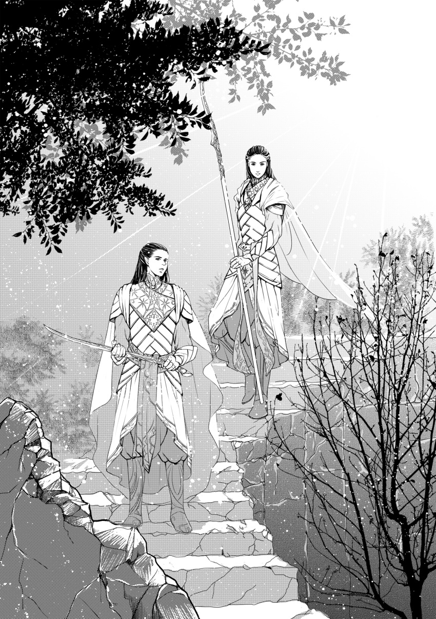 2boys black_hair boots cape chikyuu79 elf elrond full_body gil-galad highres holding holding_polearm holding_sword holding_weapon knee_boots light_rays long_hair looking_at_viewer male_focus monochrome multiple_boys open_mouth outdoors pointy_ears polearm sash stairs standing sword the_silmarillion tolkien's_legendarium tree weapon white_cape