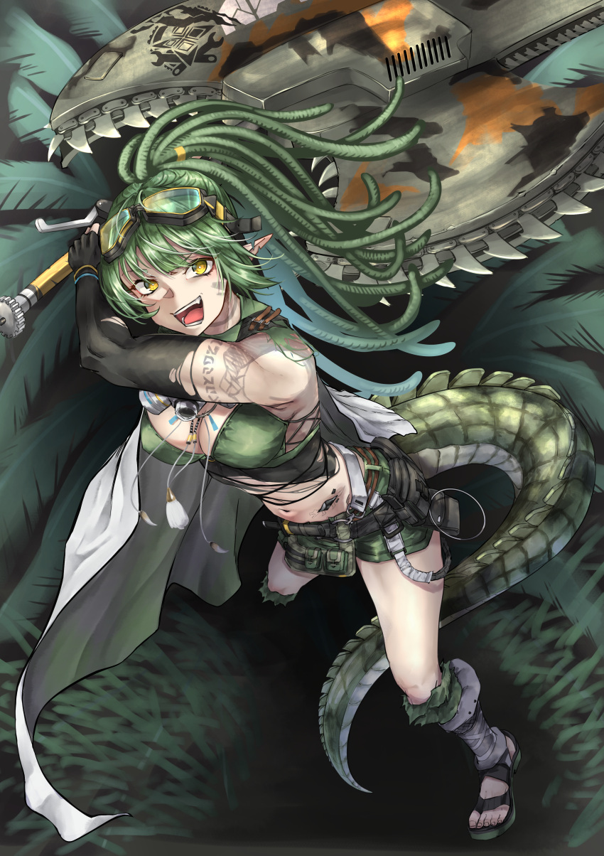 1girl absurdres arknights arm_tattoo biceps black_gloves breasts chain commission crocodilian_tail elbow_gloves eyewear_on_head fingerless_gloves gavial_(arknights) gavial_the_invincible_(arknights) gloves green_hair green_scales highres holding holding_chain kuromu looking_at_viewer muscular muscular_female open_mouth pointy_ears short_shorts shorts skeb_commission solo stirrup_legwear tail tattoo toeless_legwear yellow_eyes