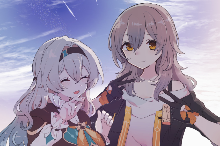 2girls :d bare_shoulders black_gloves black_hairband black_jacket blue_sky closed_eyes closed_mouth cloud cloudy_sky double_v evening facing_viewer firefly_(honkai:_star_rail) gloves grey_hair hair_intakes hairband hands_up highres honkai:_star_rail honkai_(series) jacket kaseru78 long_hair looking_at_viewer multiple_girls neckerchief off-shoulder_jacket off_shoulder open_clothes open_jacket open_mouth orange_eyes orange_neckerchief outdoors shooting_star side-by-side sky smile stelle_(honkai:_star_rail) trailblazer_(honkai:_star_rail) upper_body v