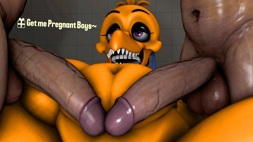3d_(artwork) balls belly big_balls big_breasts big_penis breasts digital_media_(artwork) english_text female five_nights_at_freddy's five_nights_at_freddy's_2 fivesfm_(artist) genitals group hi_res impregnation_request male male/female navel penis scottgames smile source_filmmaker text thick_penis trio withered_chica_(fnaf)