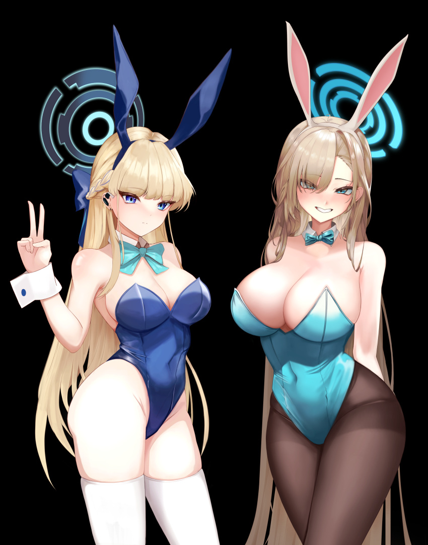 2girls absurdres animal_ears aqua_bow aqua_bowtie aqua_leotard arms_behind_back asuna_(blue_archive) asuna_(bunny)_(blue_archive) bare_shoulders black_background black_pantyhose blonde_hair blue_archive blue_eyes blue_leotard blush bow bowtie breasts cleavage covered_navel detached_collar fake_animal_ears grin groin halo highleg highleg_leotard highres large_breasts lee_hak leotard light_brown_hair looking_at_viewer medium_breasts multiple_girls official_alternate_costume pantyhose rabbit_ear_hairband rabbit_ears simple_background smile thighhighs toki_(blue_archive) toki_(bunny)_(blue_archive) v white_thighhighs wrist_cuffs