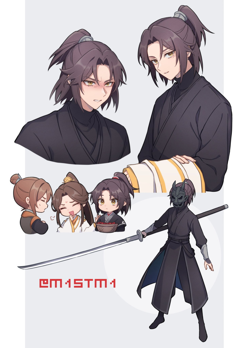 3boys basket black_hanfu bracer brown_hair cherry chibi chinese_clothes clenched_teeth facial_mark feng_xin food forehead_mark fruit hair_bun half_updo hand_on_another's_shoulder hanfu high_ponytail highres holding holding_clothes holding_sword holding_weapon long_hair long_sleeves looking_at_viewer m1stm1 mask mu_qing_(tianguan_cifu) multiple_boys multiple_views oni_mask ponytail puff_of_air simple_background single_hair_bun smile sweatdrop sword teeth tianguan_cifu turtleneck weapon wide_sleeves xie_lian yellow_eyes