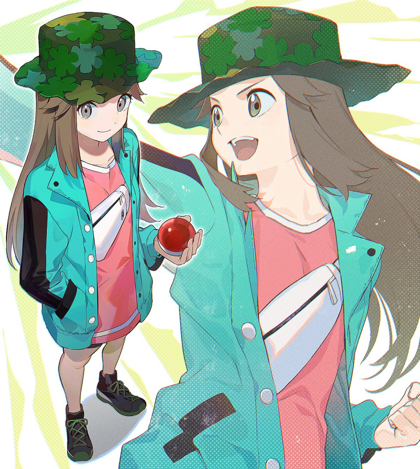 1girl arm_up bag black_footwear brown_eyes brown_hair bucket_hat hand_in_pocket hat highres jacket kyufe leaf_(pokemon) leaf_(sygna_suit)_(pokemon) leaf_print open_mouth pink_shirt pointing poke_ball poke_ball_(basic) pokemon pokemon_frlg pokemon_masters_ex shirt shoes shoulder_bag smile